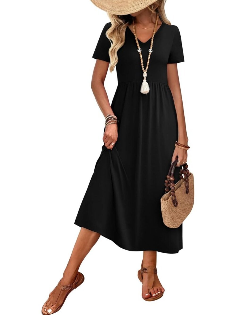 Women's Solid Black Flowy Casual A Line Midi Beach Sundresses With Pocket - Picture 4 of 5